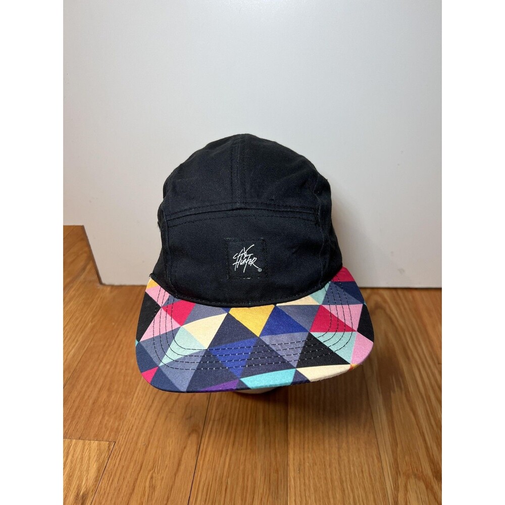 City Hunter Hat Cap Strap Back One Size Black Geometric Brim 5 Panel Mens
